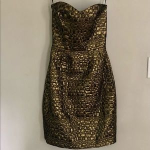 DKNY gold textured strapless cocktail dress